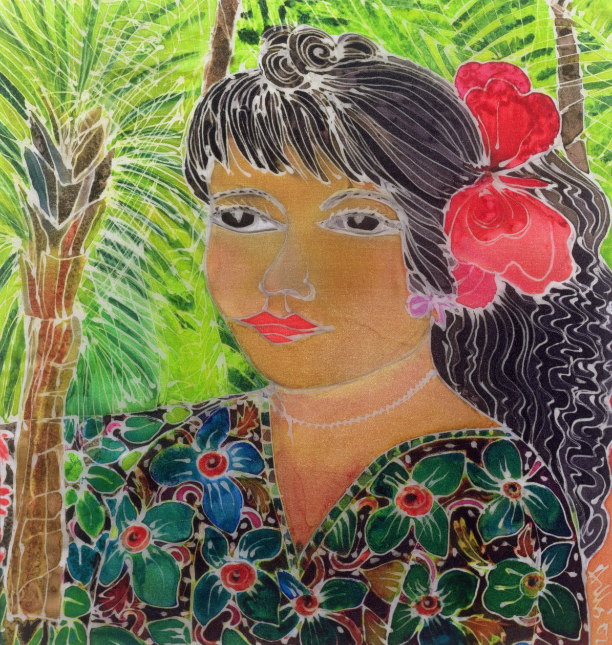 Lady with Hibiscus (tintas coloridas em seda) de Hilary Simon