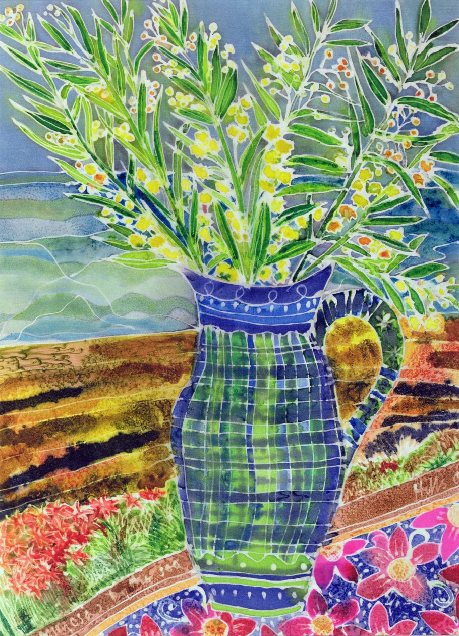 Mimosa para a minha mãe (tintas de cor sobre seda) de Hilary Simon