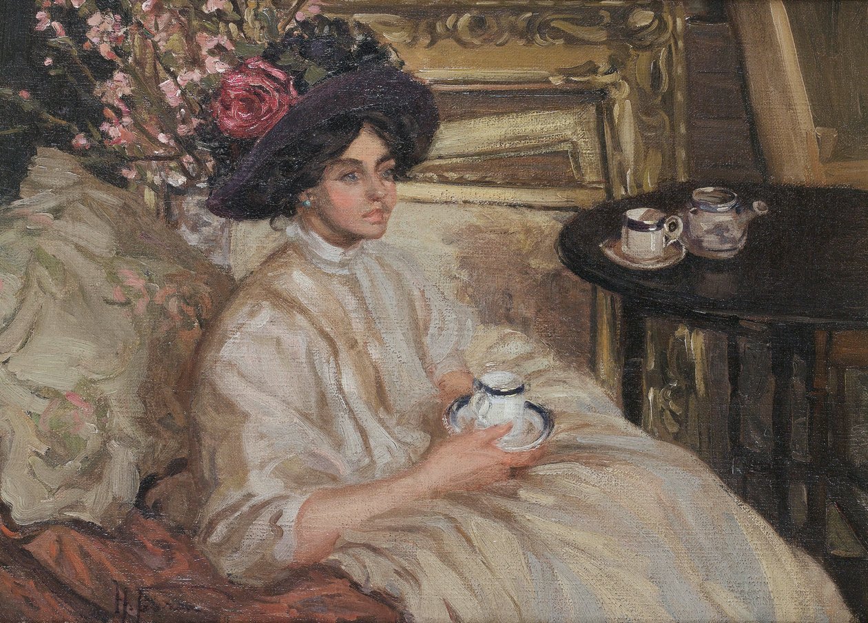 Chá da tarde. Assinado H Fearon e indistintamente datado de Hilda Fearon