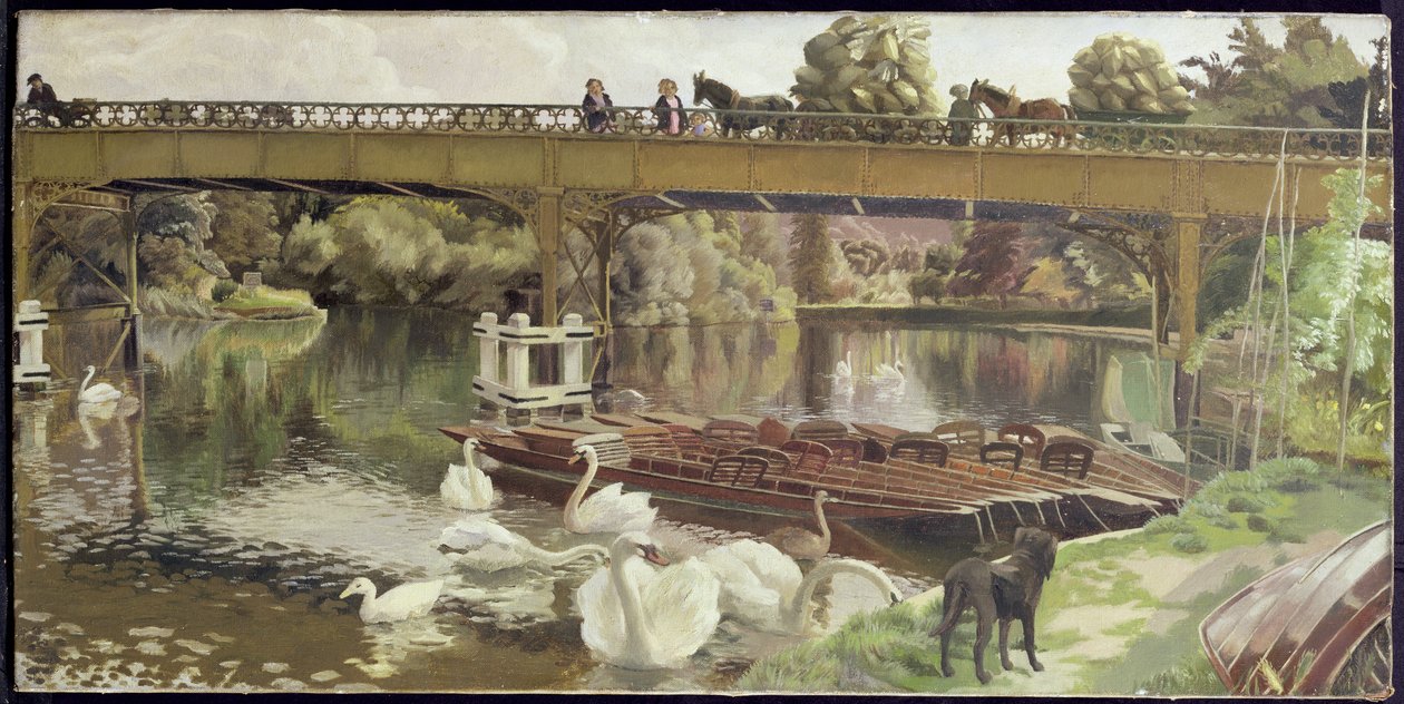 Cisnes, Ponte de Cookham (óleo sobre tela) de Hilda Carline