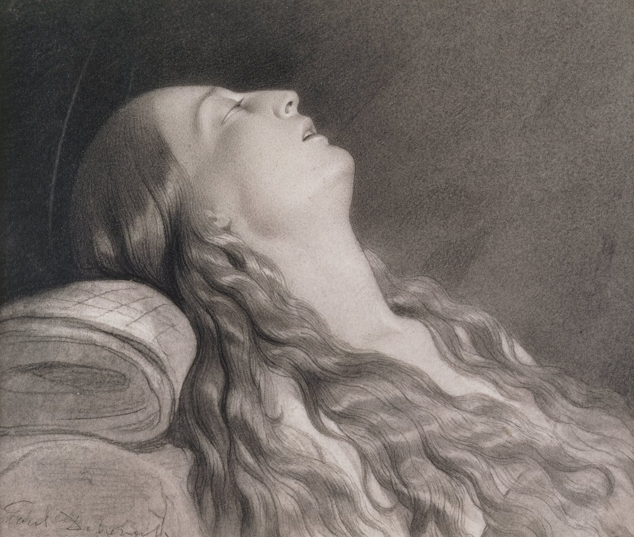 Louise Vernet em sua cama da morte (grafite no papel) de Hippolyte Delaroche
