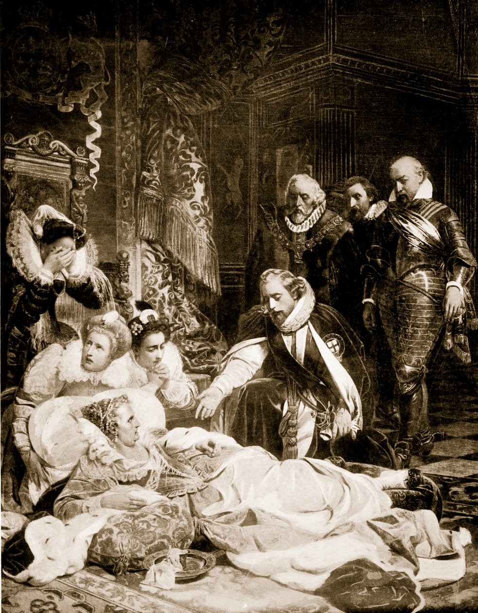 A morte da rainha Elizabeth, 24 de março de 1603, ilustração da "História da nação britânica" de Hutchinson, c.1920 de Hippolyte Delaroche