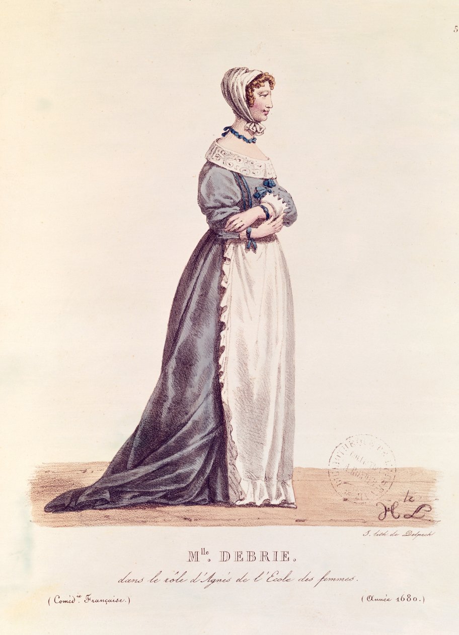 Madame Debrie no papel de Agnes em L&39;Ecole des Femmes em 1680, de Costumes de Theatre de 1600 a 1820 de L. Lecomte, gravada por Francois Seraphin Delpech (1778-1825) de Hippolyte Lecomte