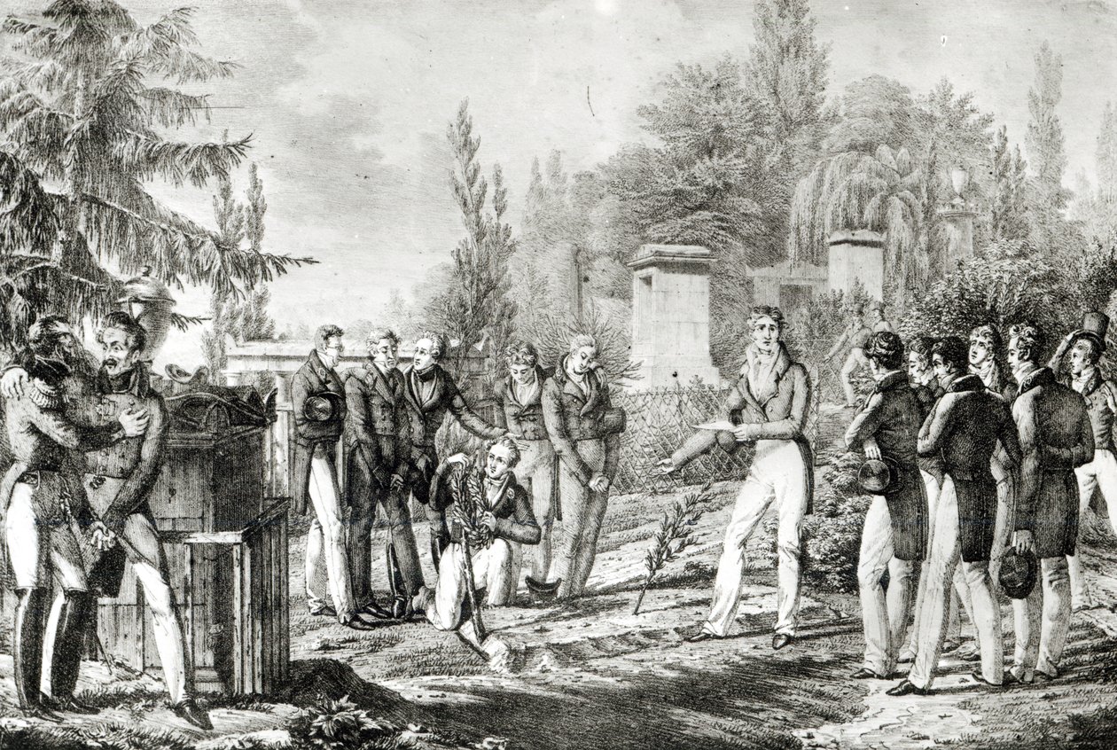 Alunos da École Polytechnique no túmulo de Gaspard Monge (1746-1818), setembro de 1818 de Hippolyte Lecomte