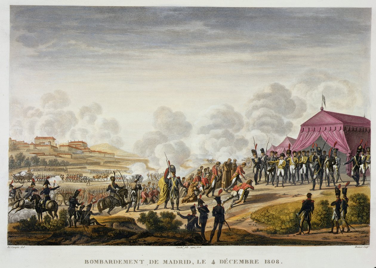 O Bombardeio de Madri, 4 de dezembro de 1808, gravado por Edme Bovinet (1782-1832) (aquatint) de Hippolyte Lecomte