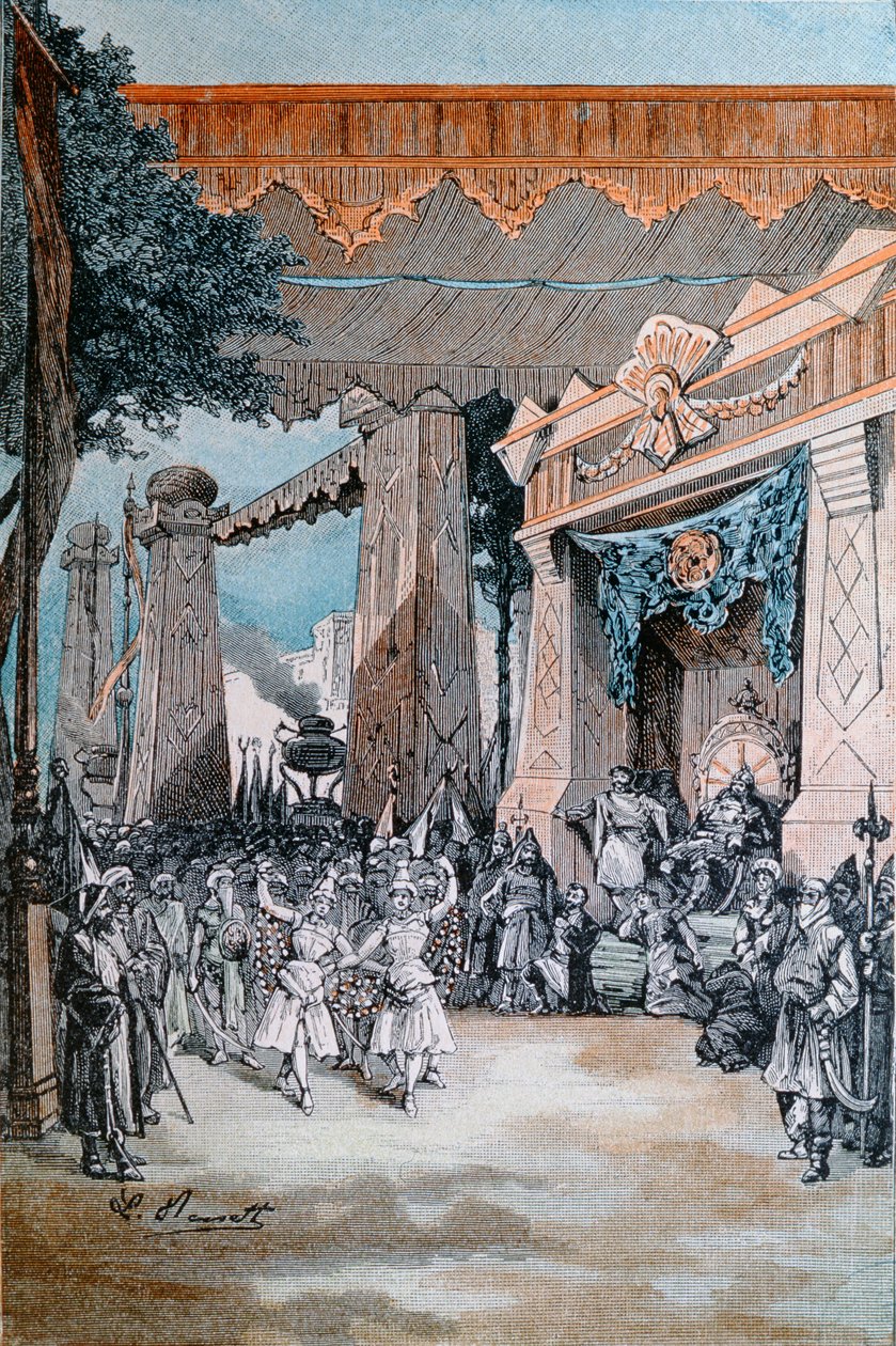 Ilustração de &39;Michel Strogoff&39; de Jules Verne (1828-1905) (gravura a cores) de Hippolyte Leon Benett