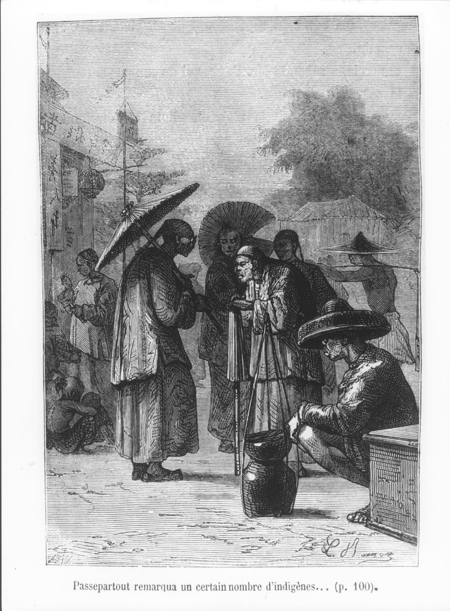 Passepartout percebe um número de nativos, ilustração de "em todo o mundo em oitenta dias" por Jules Verne (1828-1905) gravado por Pan, 1873 de Hippolyte Leon Benett