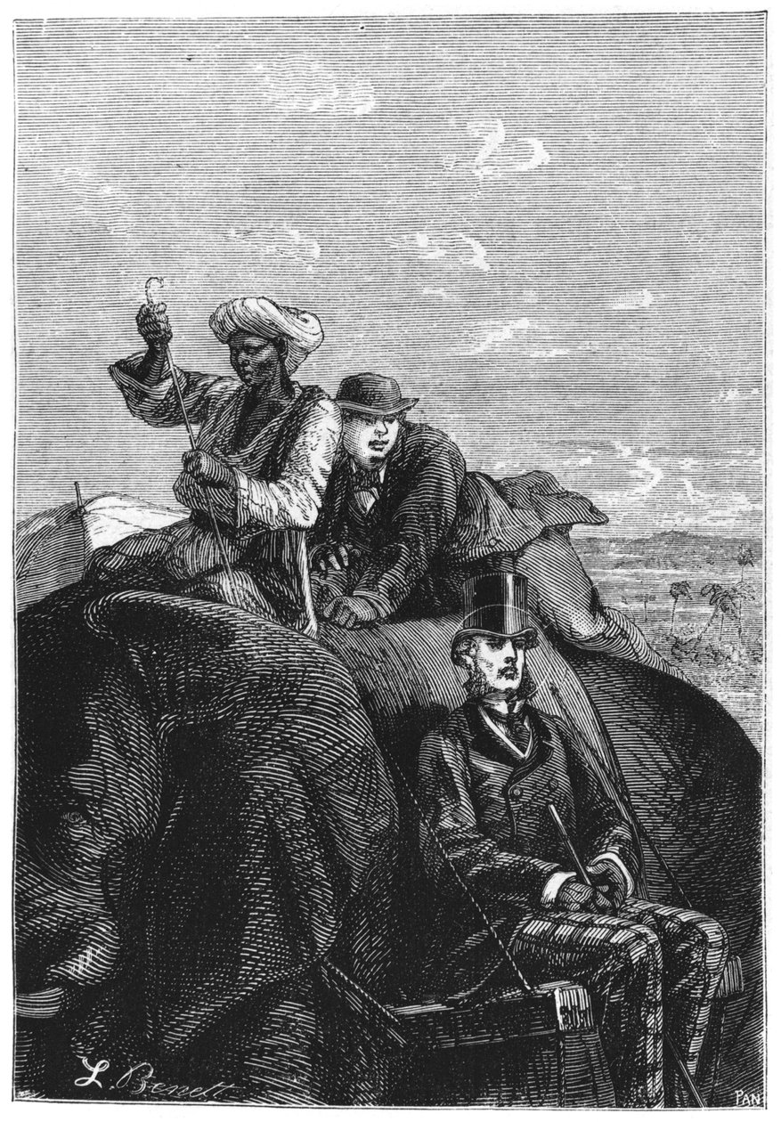Phileas Fogg e Passepartout, ilustração de "Around the World in Oitenta Dias" por Jules Verne (1828-1905) final do século 19 de Hippolyte Leon Benett