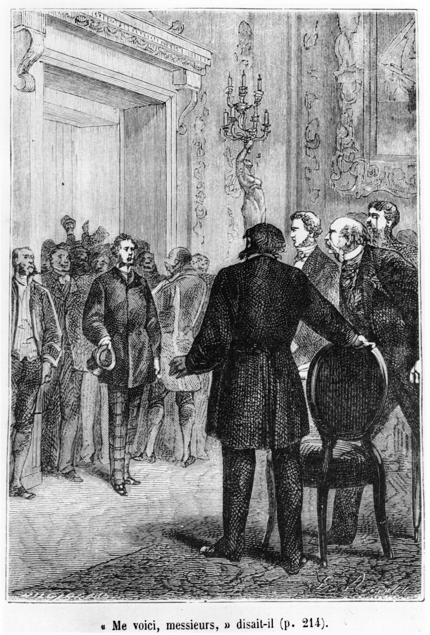 Phileas Fogg chegando, ilustração de "Ao redor do mundo em oitenta dias" por Jules Verne (1828-1905) gravado por Henri Theophile Hildibrand (1824-97) final do século XIX de Hippolyte Leon Benett