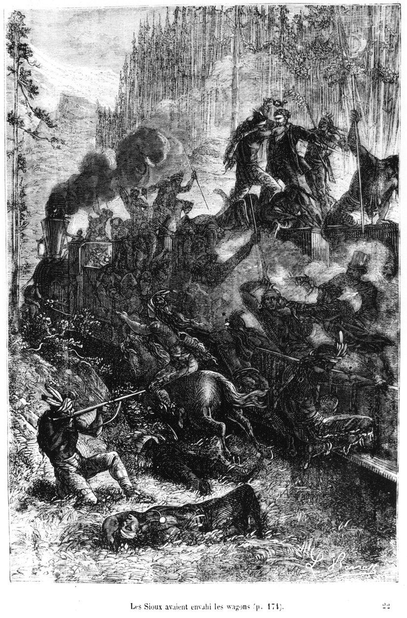 Sioux atacando o trem, ilustração de &39;ao redor do mundo em oitenta dias&39; por Jules Verne (1828-1905) final do século XIX de Hippolyte Leon Benett