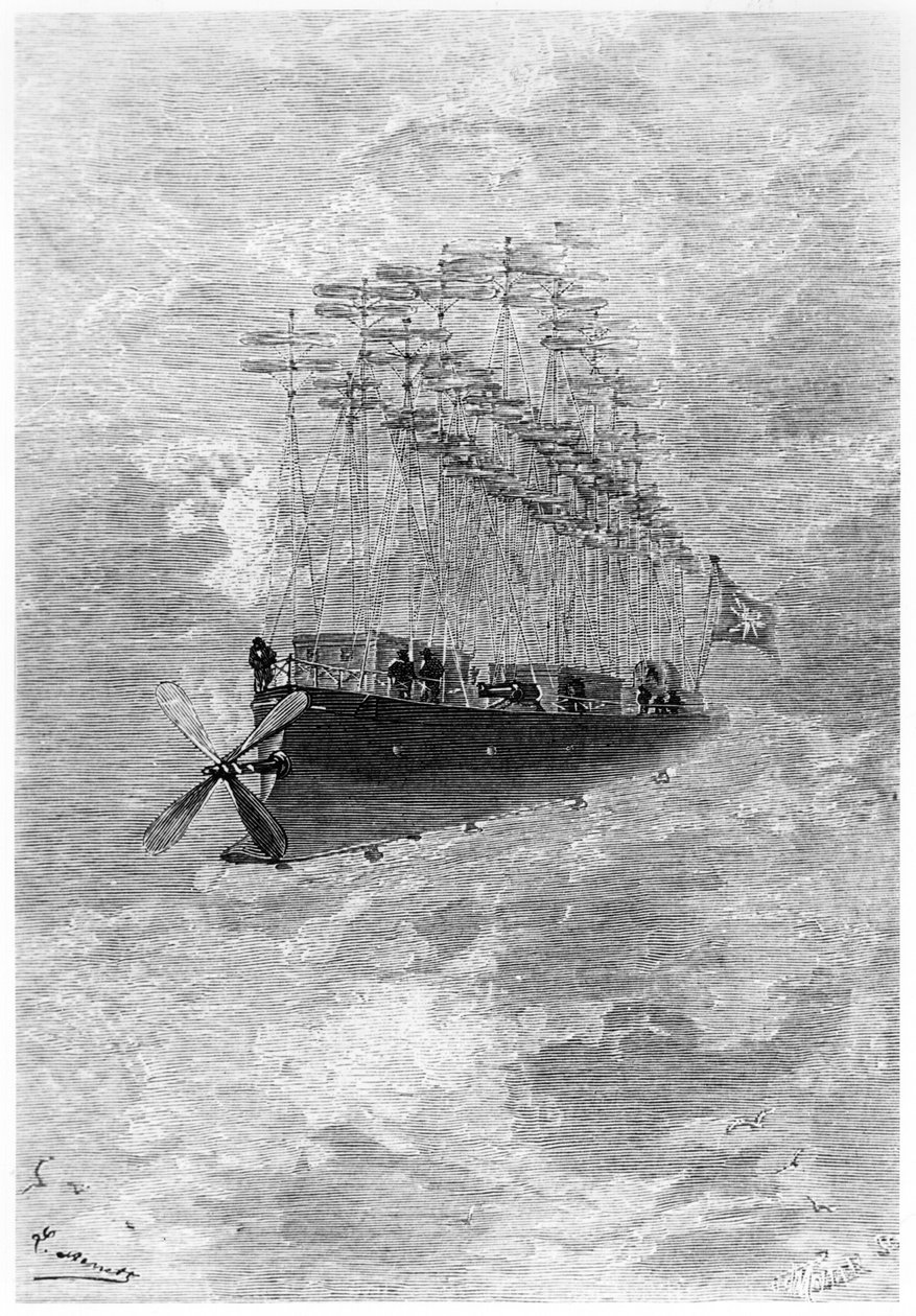 O albatroz, ilustração de &39;Robur le Conquerant&39; por Jules Verne (1828-1905) Paris, Hetzel, 1886 de Hippolyte Leon Benett