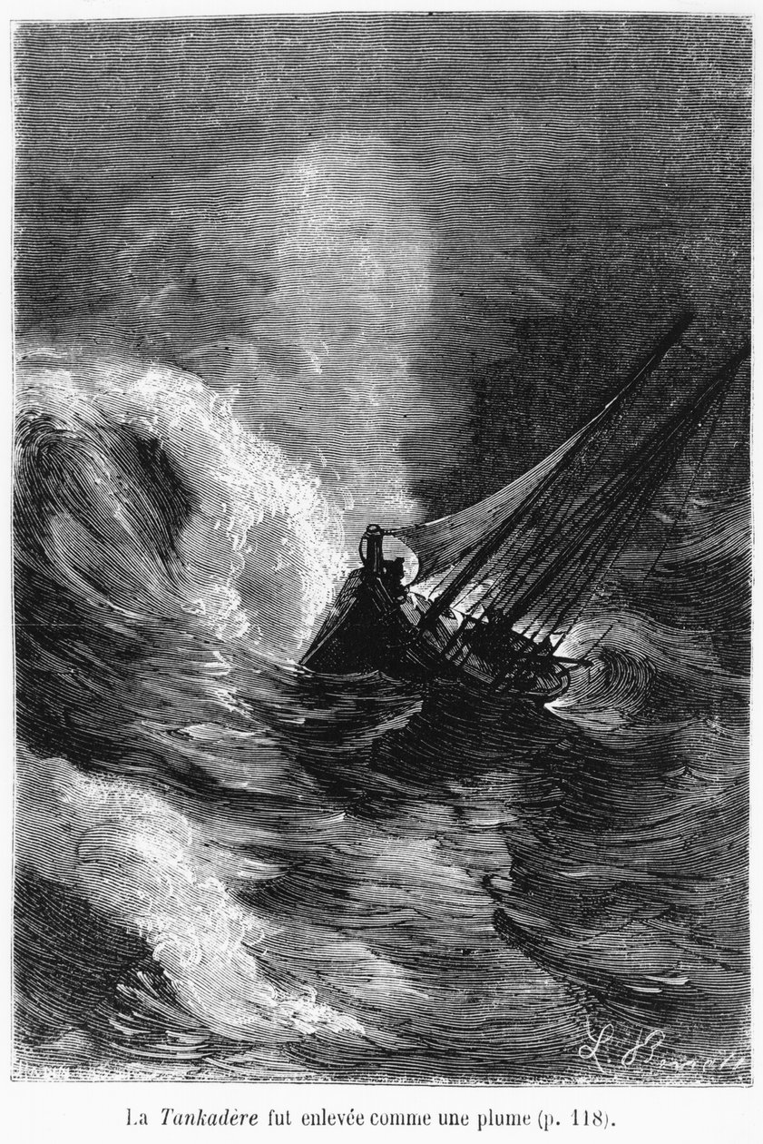 O Tankadere foi levantado como uma pena, ilustração de "Ao redor do mundo em oitenta dias" por Jules Verne (1828-1905) final do século 19 de Hippolyte Leon Benett