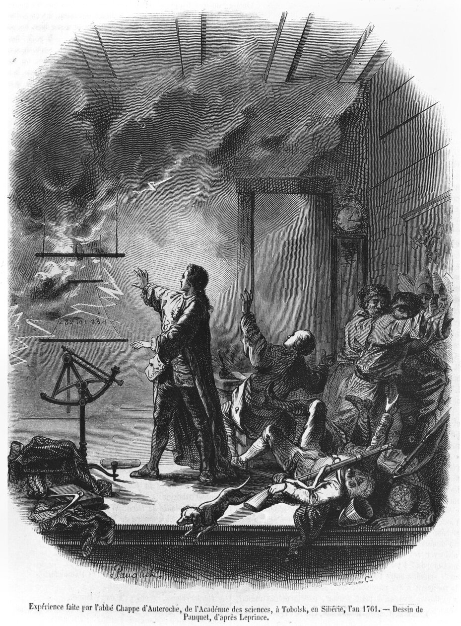 Jean Chappe dAuteroche (1722-69) Experiências com eletricidade em 1761, Tobolsk, Sibéria, ilustração de Le Magasin Pittoresque, 1855 (foto bw) de Hippolyte Louis Pauquet