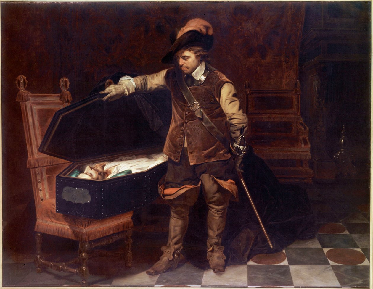 "Oliver Cromwell perante o caixão de Charles I Stuart (1649). Oliver Cromwell (1599-1658) impõe o julgamento do Rei de Inglaterra que será condenado e decapitado a 9 de Fevereiro de 1649. Pintura de Paul Delaroche (1797-1856) de Hippolyte Delaroche