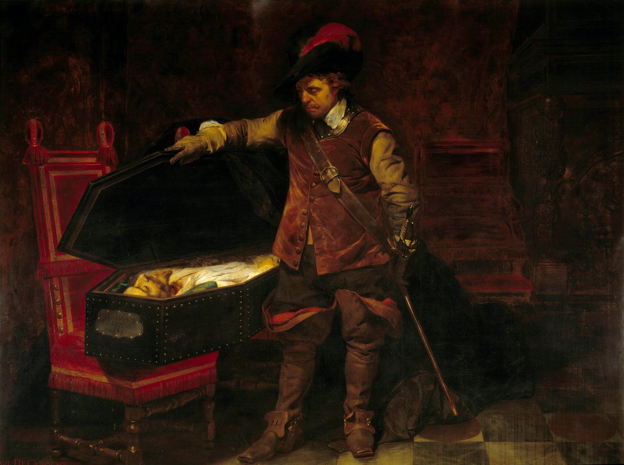 Cromwell em frente ao caixão de Charles I Stuart (1649). Oliver Cromwell (1599-1658) impôs o julgamento do Rei da Inglaterra, que foi condenado e sentenciado em 9 de fevereiro. de Paul Delaroche