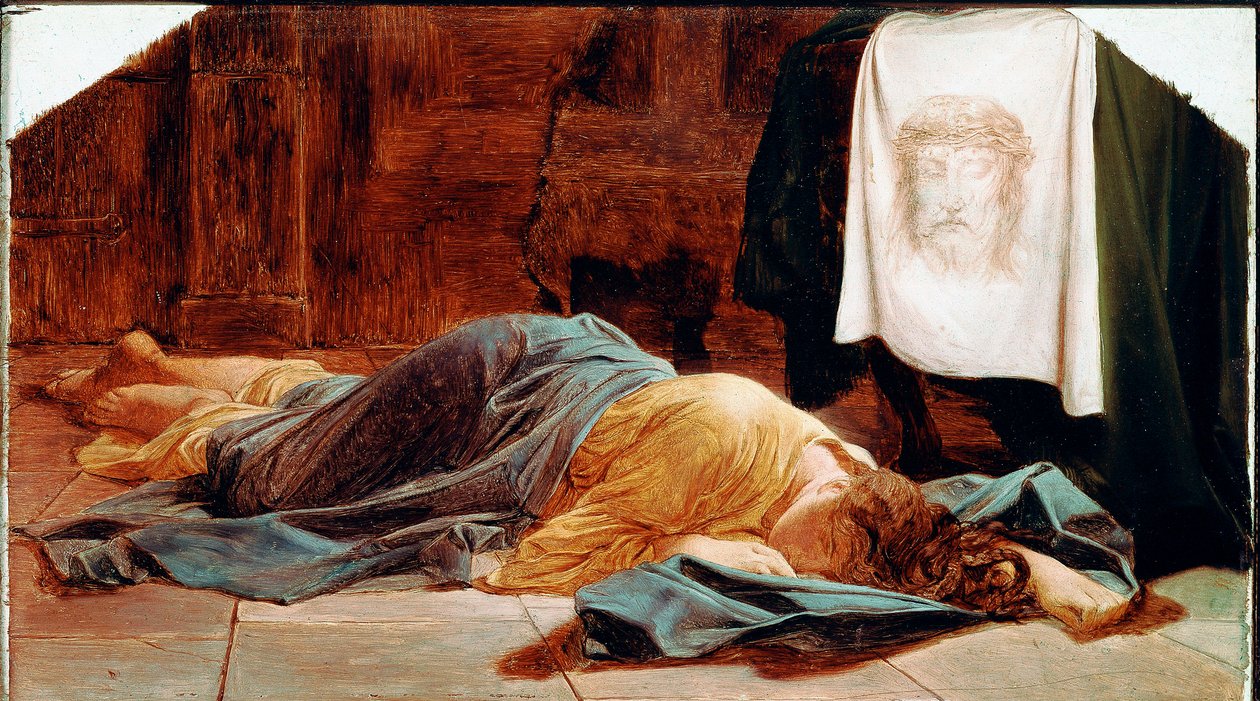 Santa Verónica A jovem está desmaiada perto do Santo Sudário. O Santo Véu representa o rosto de Cristo, cujo suor Verônica foi dito ter suado durante a subida ao Calvário. Pintura de Paul Delaroche (1797-1856) Sol do século XIX. 28x49 cm Pa de Paul Delaroche