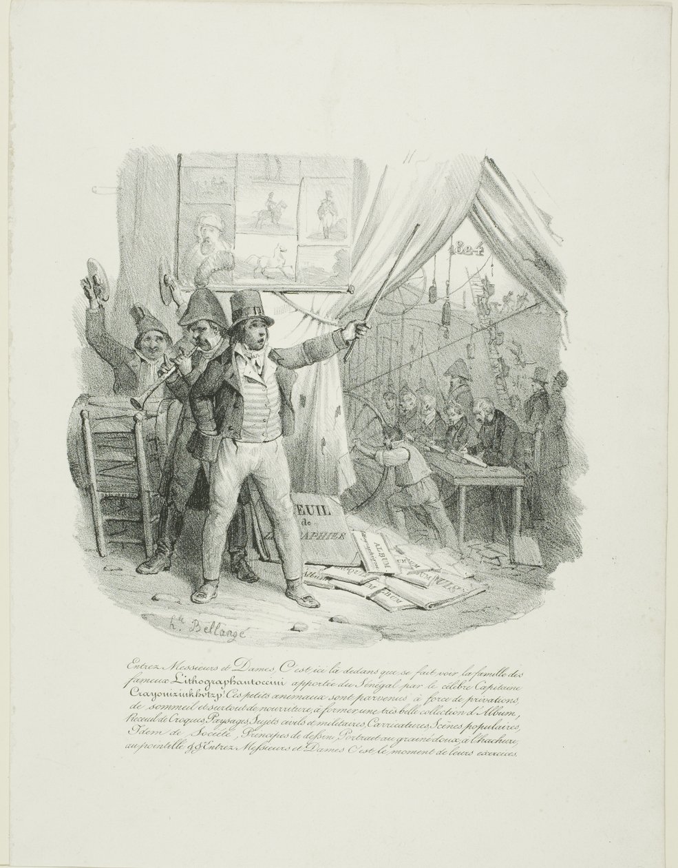 Entrem, senhoras e senhores, no interior verão a famosa família Lithographantoccini... Frontispício do "Álbum de 1824" de Hippolyte Bellange