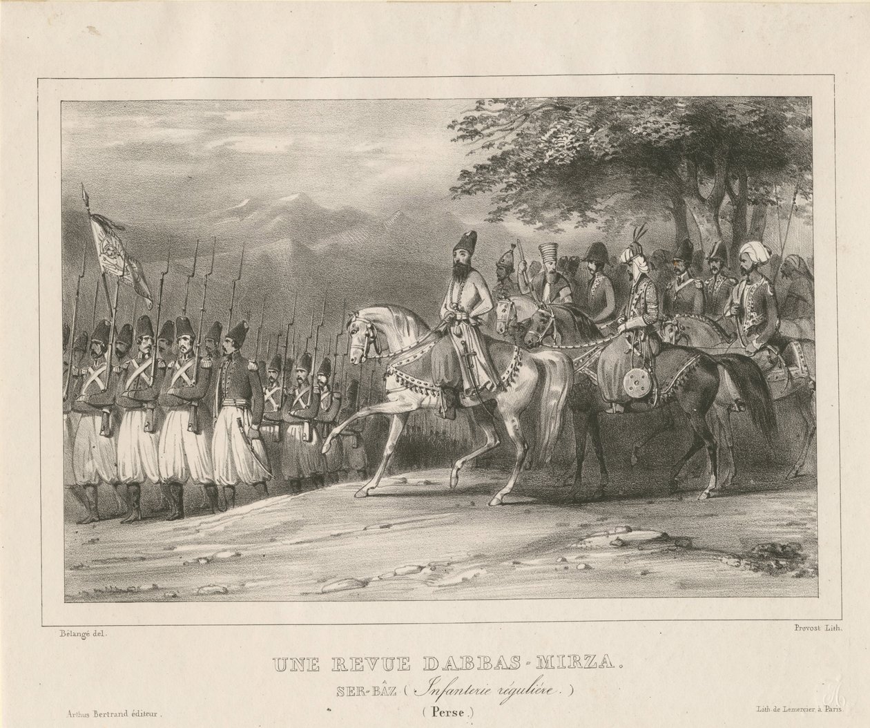 Prince, marechal-de-campo Abbas Mirza 1789-1833, inspeciona o regimento de infantaria, 1835 de Hippolyte Bellange