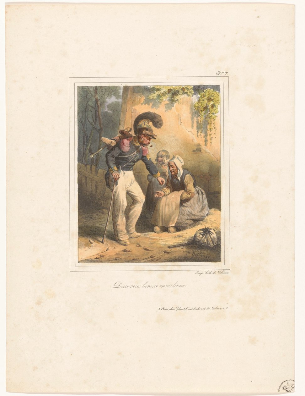 Soldado dá dinheiro a uma pobre mulher Dieu vous benira mon bravo (título no objeto) Álbum litográfico nº 9 (título da série) de Hippolyte Bellange