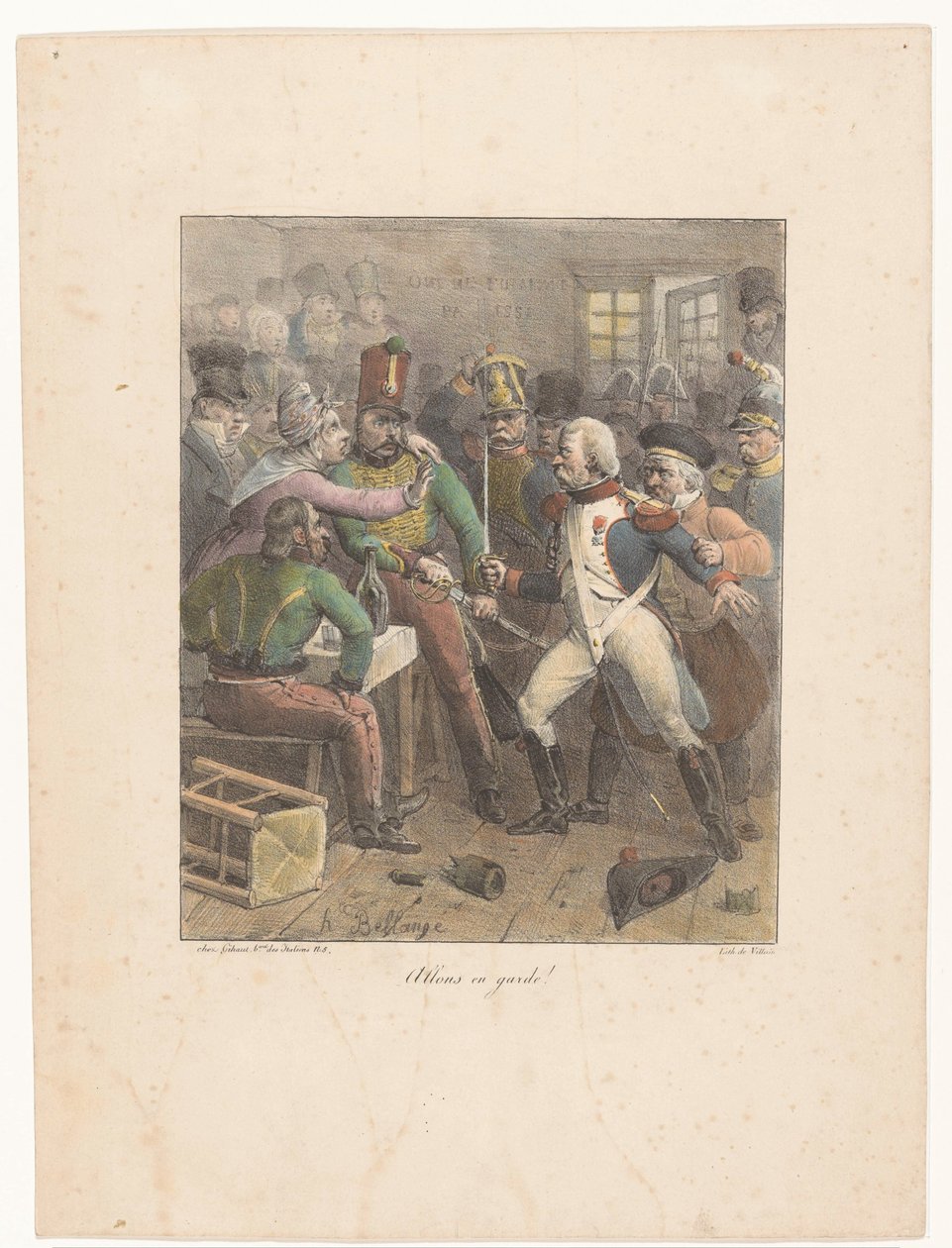 Dois soldados cruzam espadas num bar
Allons en garde! (título sobre o objecto)
Esboços litográficos (título da série)
Croquis litografiques (título da série) de Hippolyte Bellange