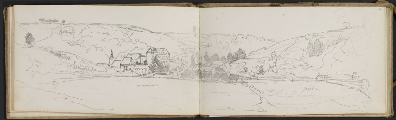 Vista de aldeia com anotações de cor (folhas de um caderno de esboços) de Hippolyte Boulenger