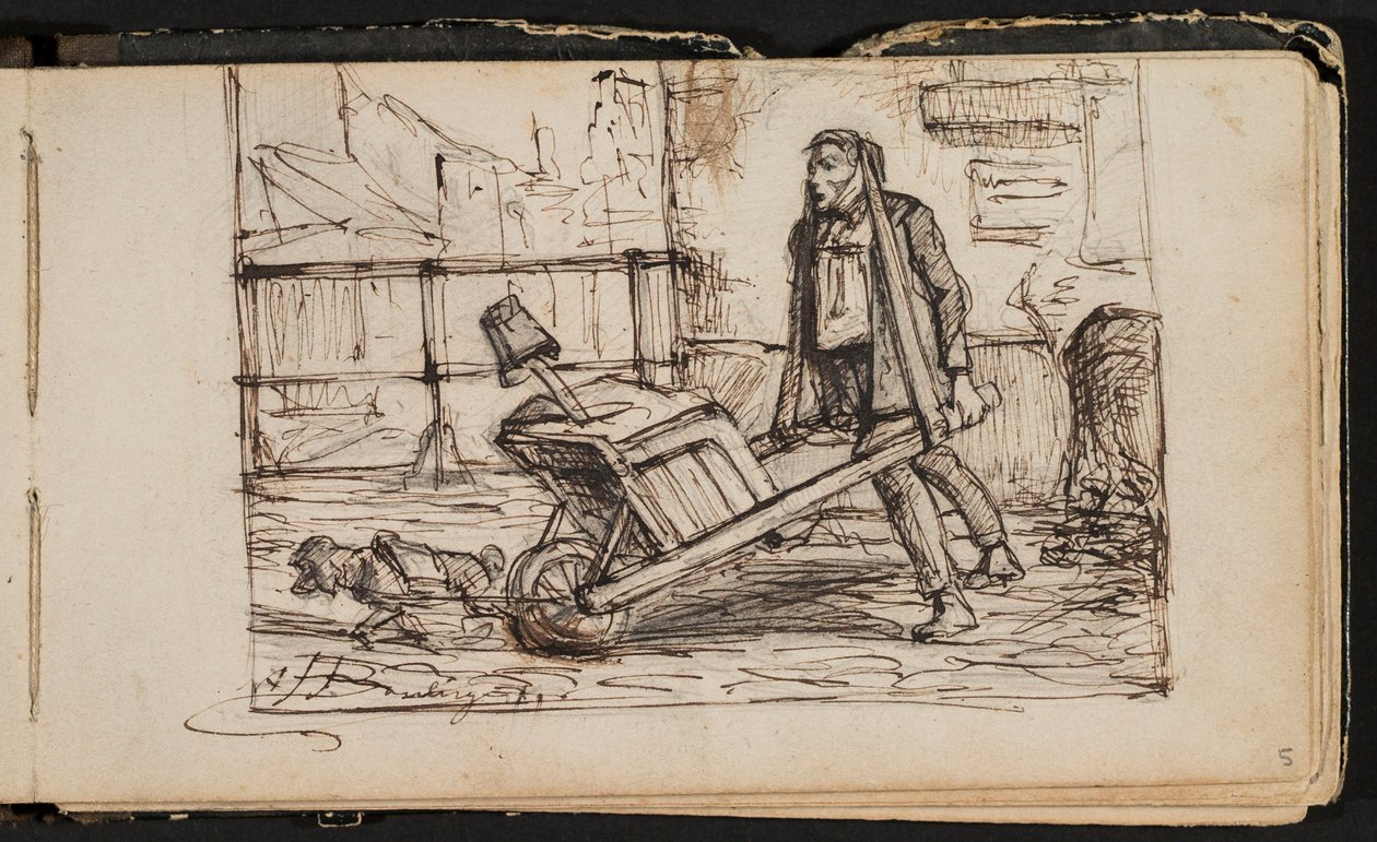 Homem com carrinho de mão e cãozinho (página de um caderno de esboços) de Hippolyte Boulenger