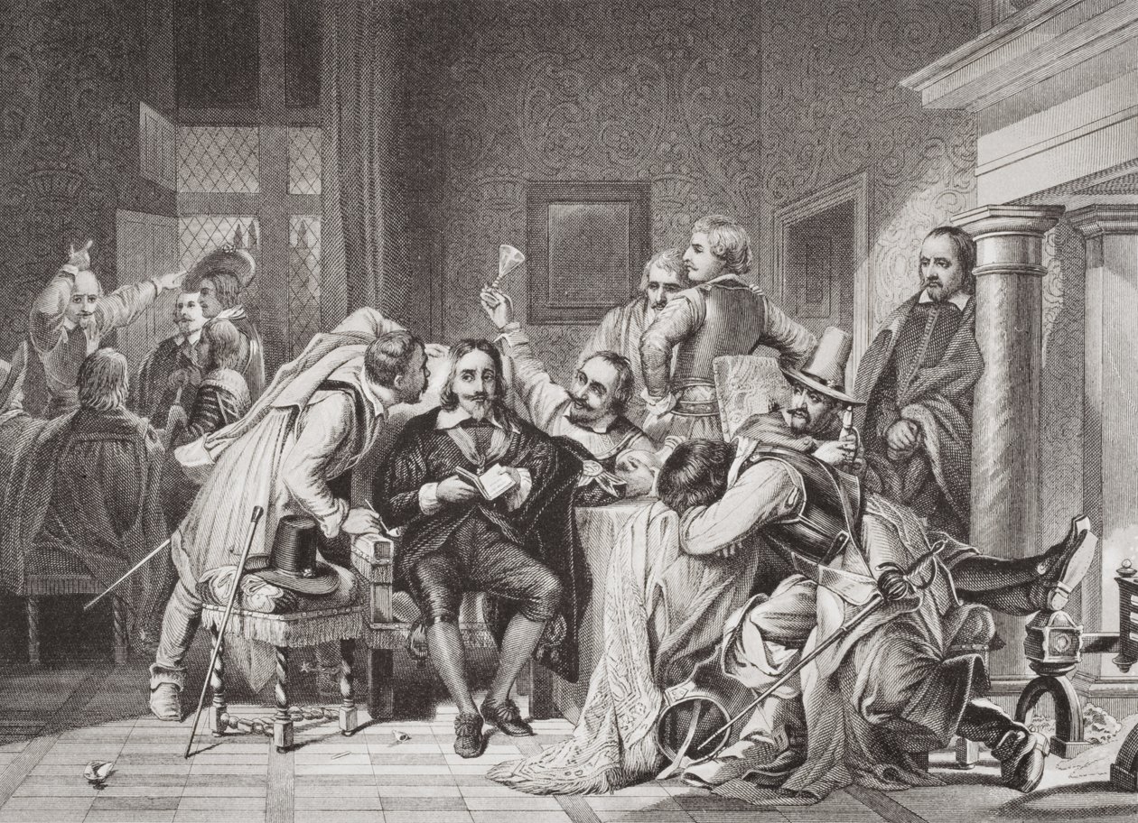 Charles I (1600-49), na sala de guarda insultado pelos soldados de Oliver Cromwell, de "Ilustrações da História Escocesa e Inglesa", Volume I de Hippolyte Delaroche