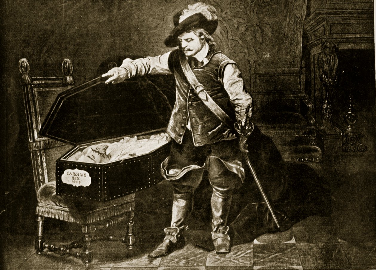 Cromwell vê o corpo de Charles I, ilustração da "História da nação britânica" de Hutchinson, c.1923 de Hippolyte Delaroche