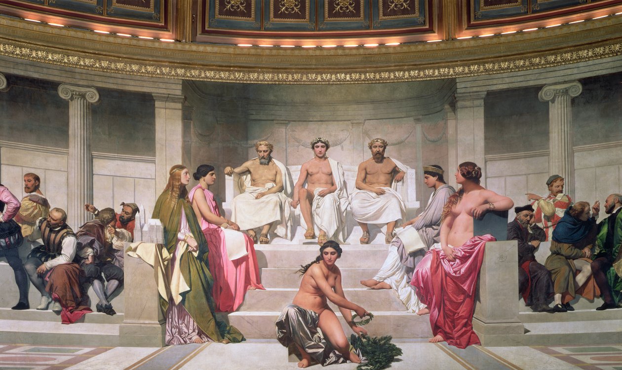 Hemiciclo: Artistas de todas as idades, detalhe de Ictinus, Apelles e Phidias, 1836-41 afresco, ver também 83553 e 83555 de Hippolyte Delaroche