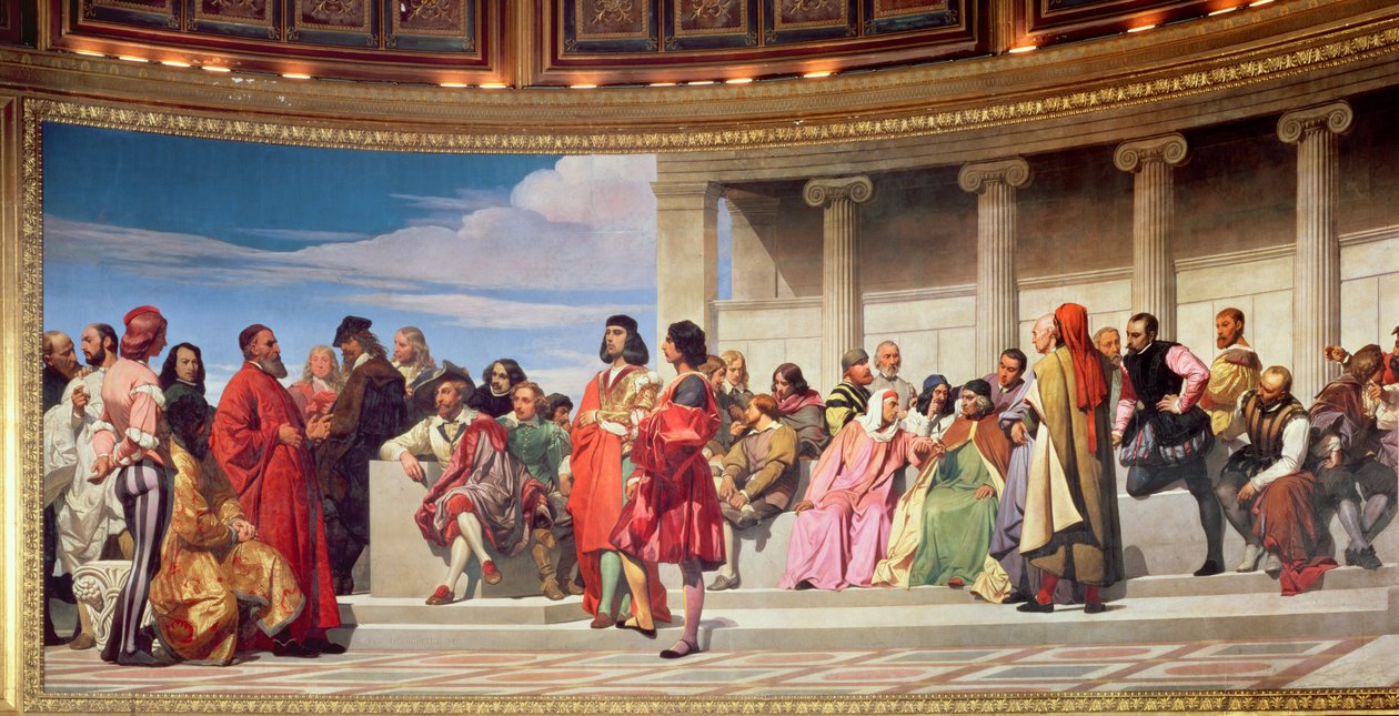 Hemiciclo: Artistas de todas as idades, detalhe do lado esquerdo, afresco de 1836-41, ver também 83554 e 83555 de Hippolyte Delaroche