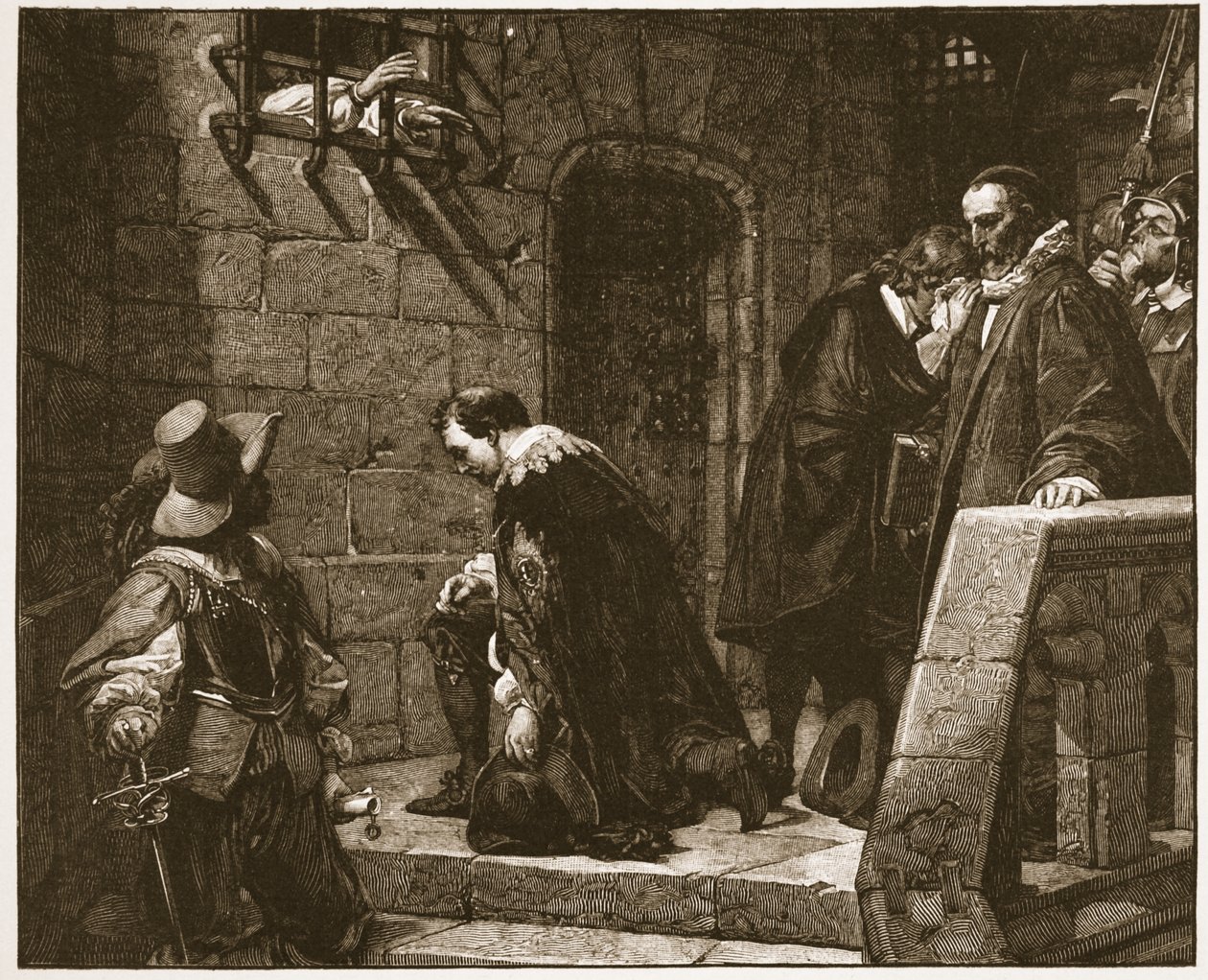 Lord Strafford no caminho para a execução, ilustração de "A Igreja da Inglaterra: uma história para o povo" por HDM Spence-Jones, pub. c.1910 (foto sépia) de Hippolyte Delaroche
