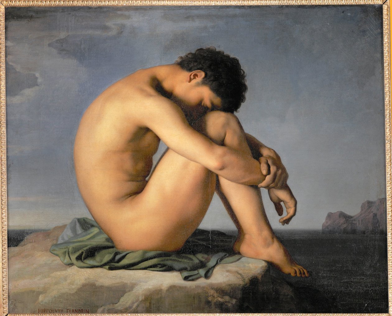 Jovem nu sentado à beira-mar ... de Hippolyte Flandrin
