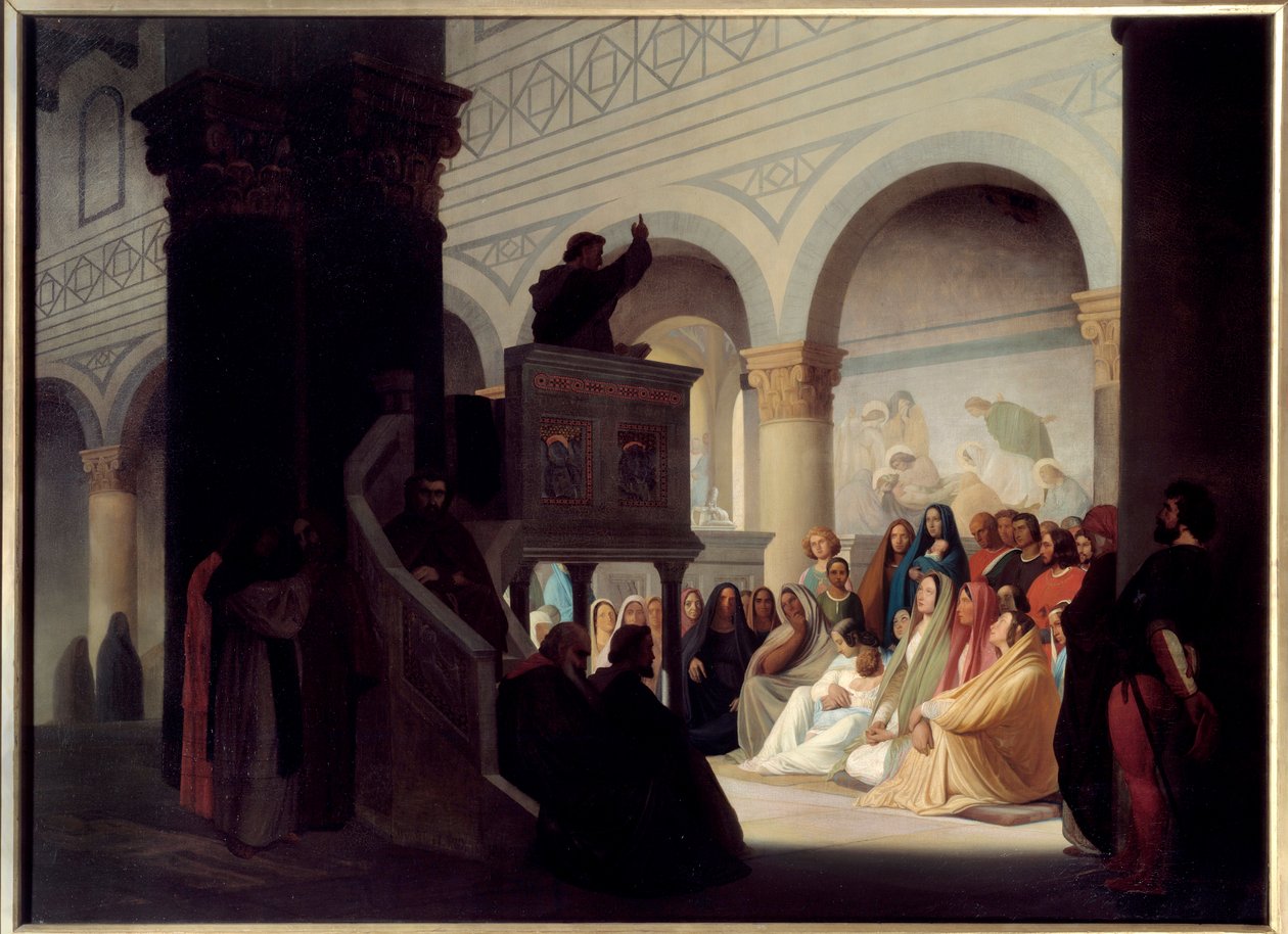 Savonarole (1452-1498) prechant em San Miniato em Florença. Jerome Savonarole, em italiano Girolamo Savonarola (1452-1498), irmão dominicano e preditor italiano que dirige Florença de 1494 a 1498. Pintura de Hippolyte Flandrin (1809-1864) de Hippolyte Flandrin