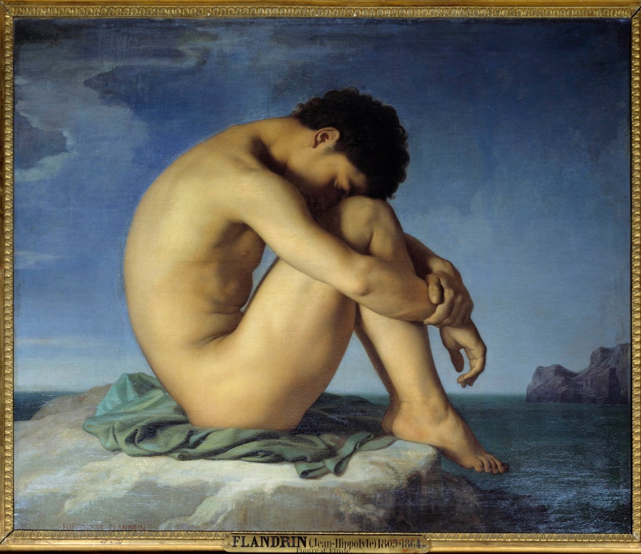 Jovem nu sentado junto ao mar Pensador em posição de retiro (introspecção). Pintura de Hippolyte Flandrin (1809-1864) 1836. Óleo sobre tela. Sol. 0,98x1,24 m - Jovem nu sentado à beira do mar. Pensador em posição fetal, adormecido de prot. de Hippolyte Flandrin
