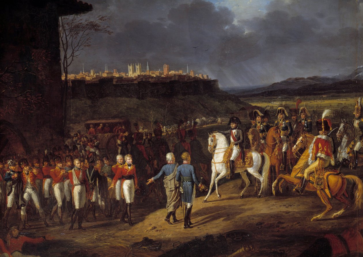 Campanha da Espanha: "Imperador Napoleão I foi apresentado em Astorga, Espanha, prisioneiros ingleses e ordenou que fossem tratados com especial cuidado, Janeiro de 1809" Detalhe. Pintura de Hippolyte Lecomte (1781-1857) 1810 Sol. 1,13x1,52 m de Hippolyte Lecomte