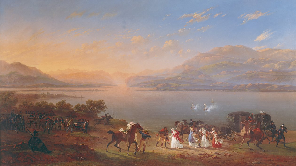 A imperatriz Josefina (1763-1814) chega para visitar Napoleão (1769-1821) em Itália, às margens do Lago Garda de Hippolyte Lecomte