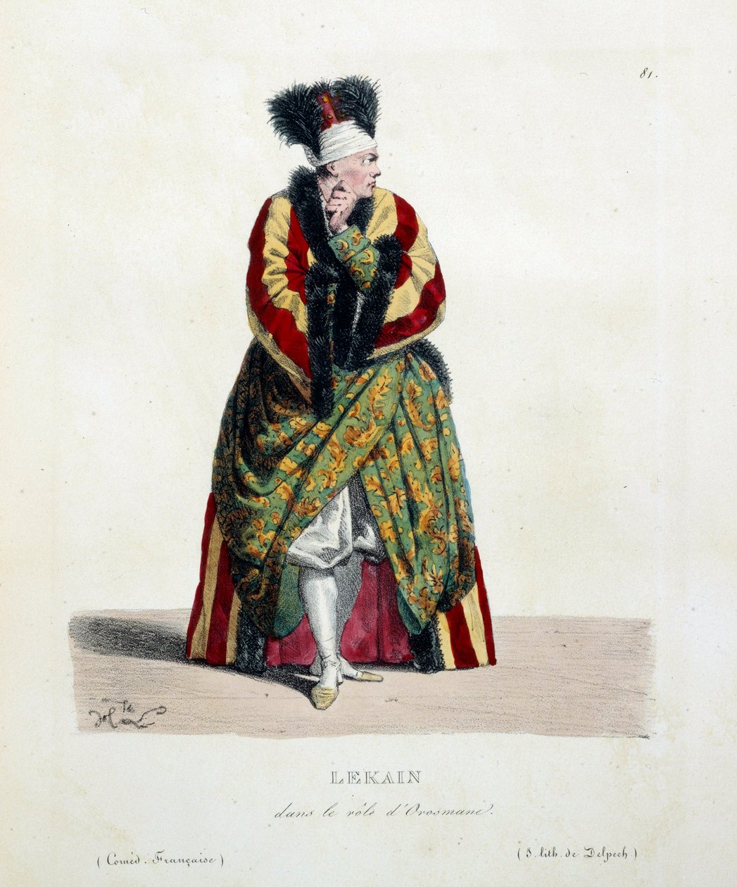 O ator francês Henri Louis Cain chamado Lekain ou Le Kain (1729-1778) no papel de Orosmane na peça de Voltaire no Zaire (1694-1746) na Comédia Francesa. Litografia de Hippolyte Lecomte (1781-1857) Coleção Privada do século XIX de Hippolyte Lecomte