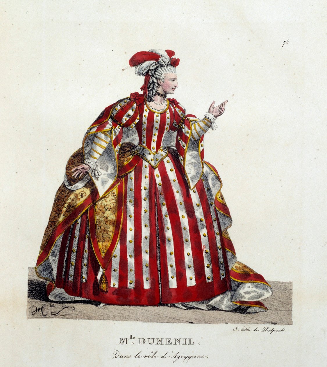 A atriz francesa Marie Francoise Marchand chamou Mademoiselle Dumesnil (1713-1803) no papel de Agrippine na peça "Britannicus" de Jean Racine (1639-1699) na Comédia Francesa. Litografia de Hippolyte lecomte (1781-1857). Coleção Particular de Hippolyte Lecomte