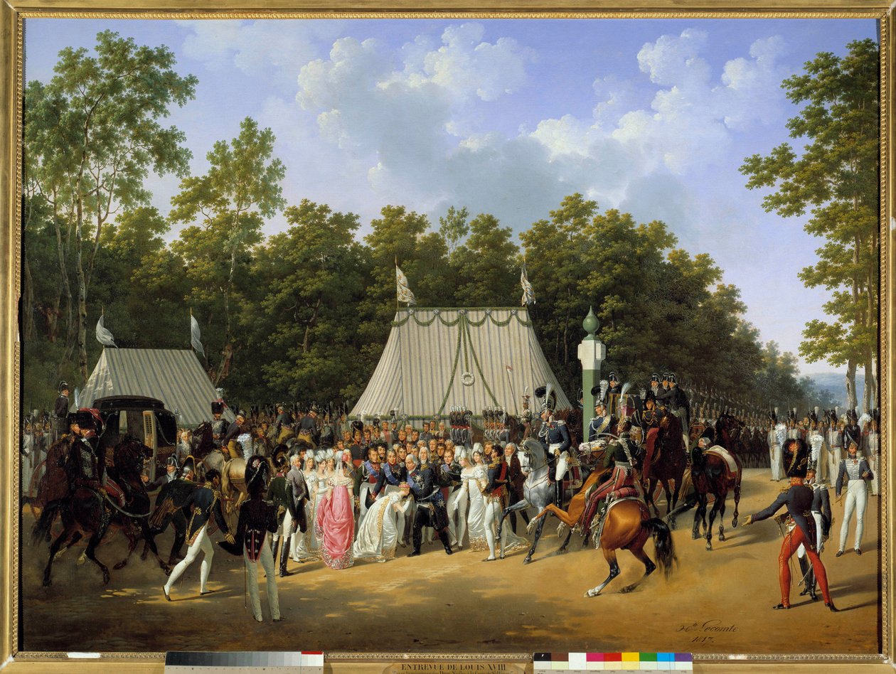 O rei Luís XVIII (1755-1824) recebe Marie Caroline Fernande Louise de Nápoles, futura duquesa de Berry, na floresta de Fontainebleau, na cruz de Saint-Herem de Hippolyte Lecomte