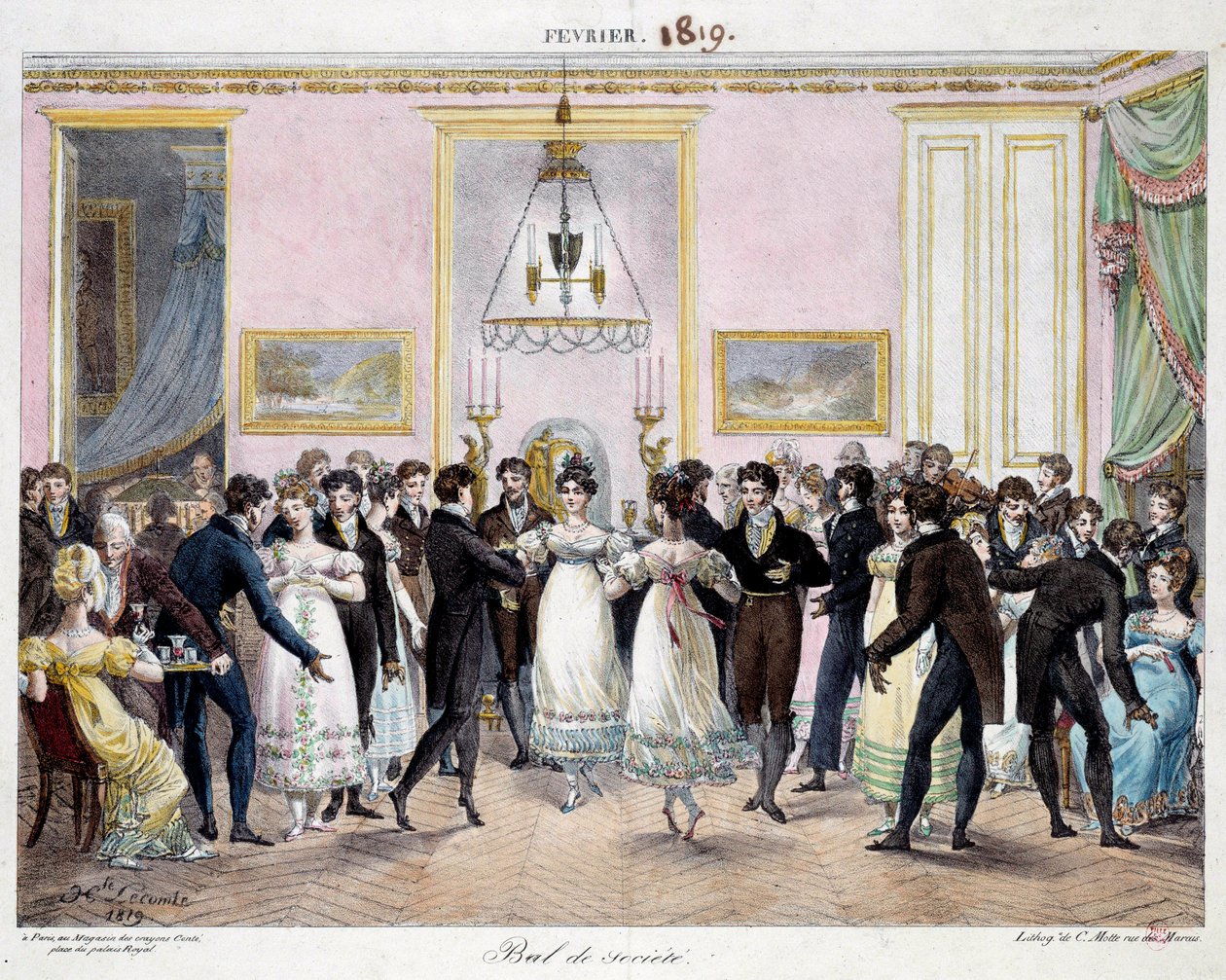 Baile de Societe em Paris, na loja de lápis de cera Conte, place du palais royal em fevereiro de 1819 Litografia de Hippolyte Lecomte (1781-1857) 1819. Paris, Musee Carnavalet de Hippolyte Lecomte