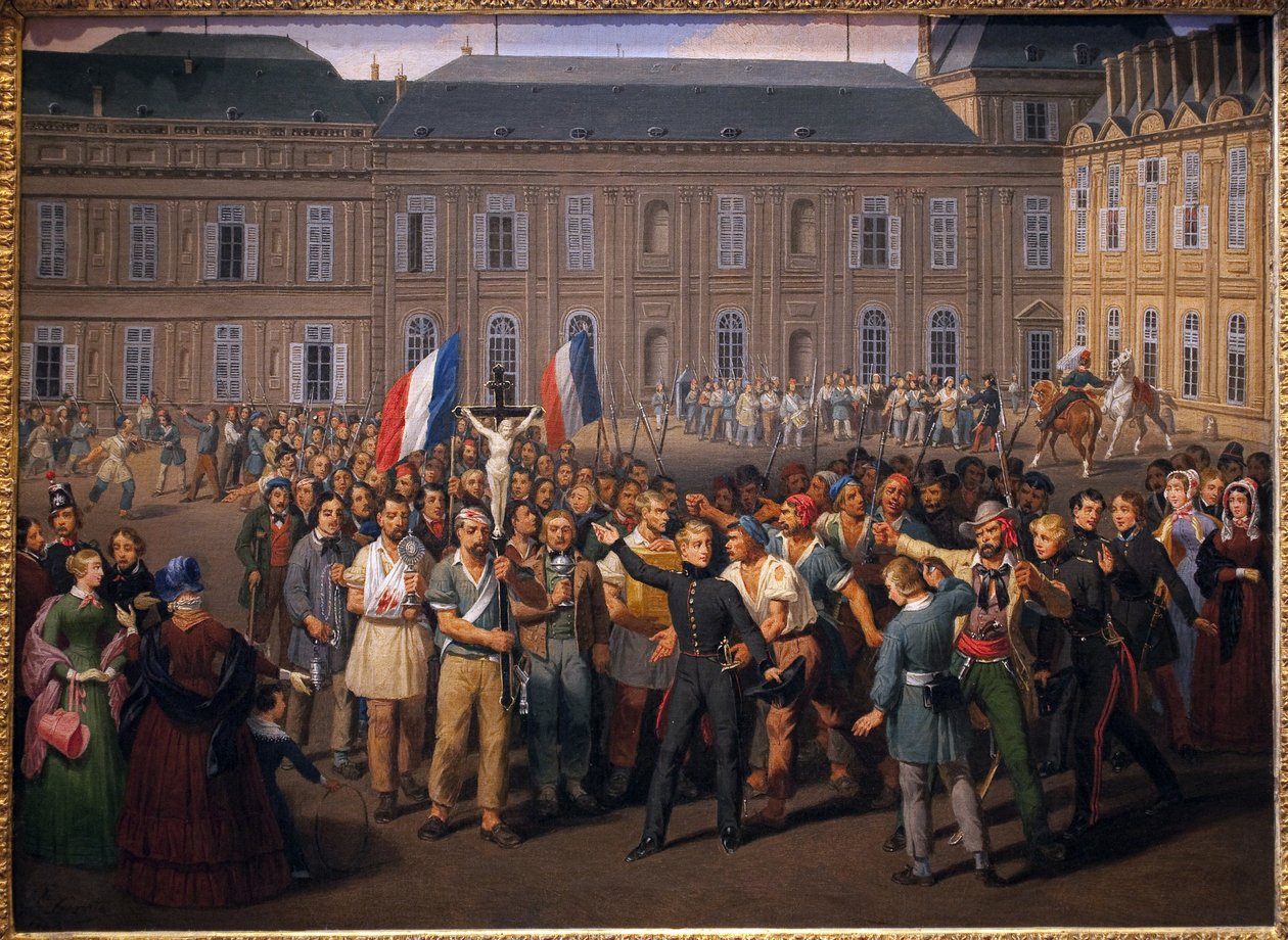 Os politécnicos carregando o crucifixo salvos da capela das Tuileries, durante o rieve de 24 de fevereiro de Hippolyte Lecomte