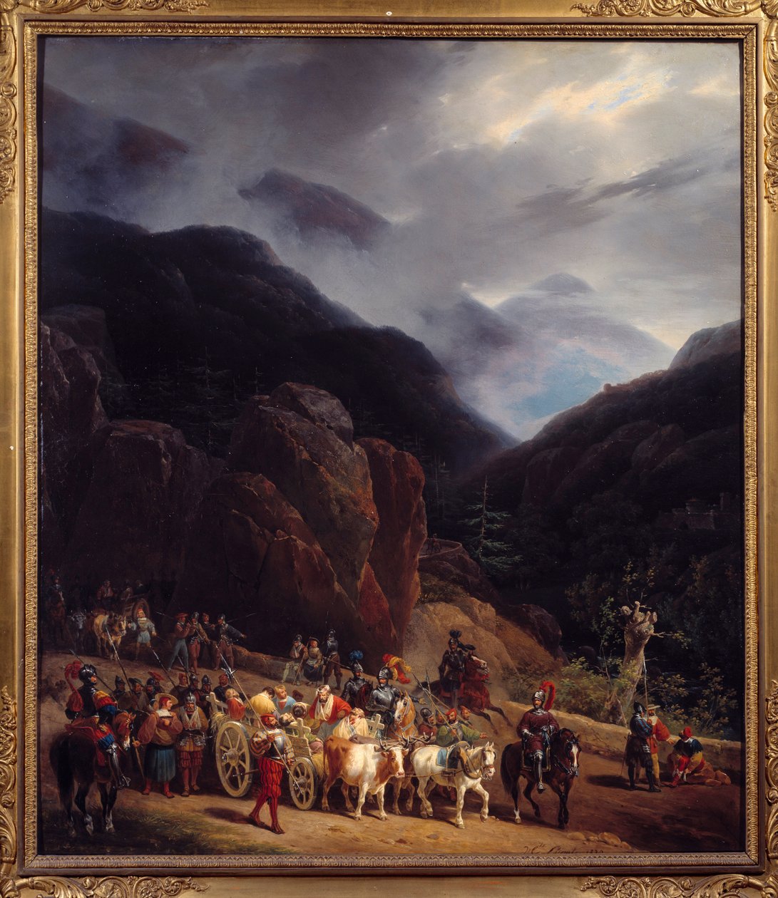 O retorno da batalha de Marignan Armees de François I retornando de Marignan (Maregnano) em 14/09/1515. Pintura de Hippolyte Lecomte (1781-1857) 1829 Dom. 0,54x0,65 m Bourg En Bresse. Museu Brou de Hippolyte Lecomte