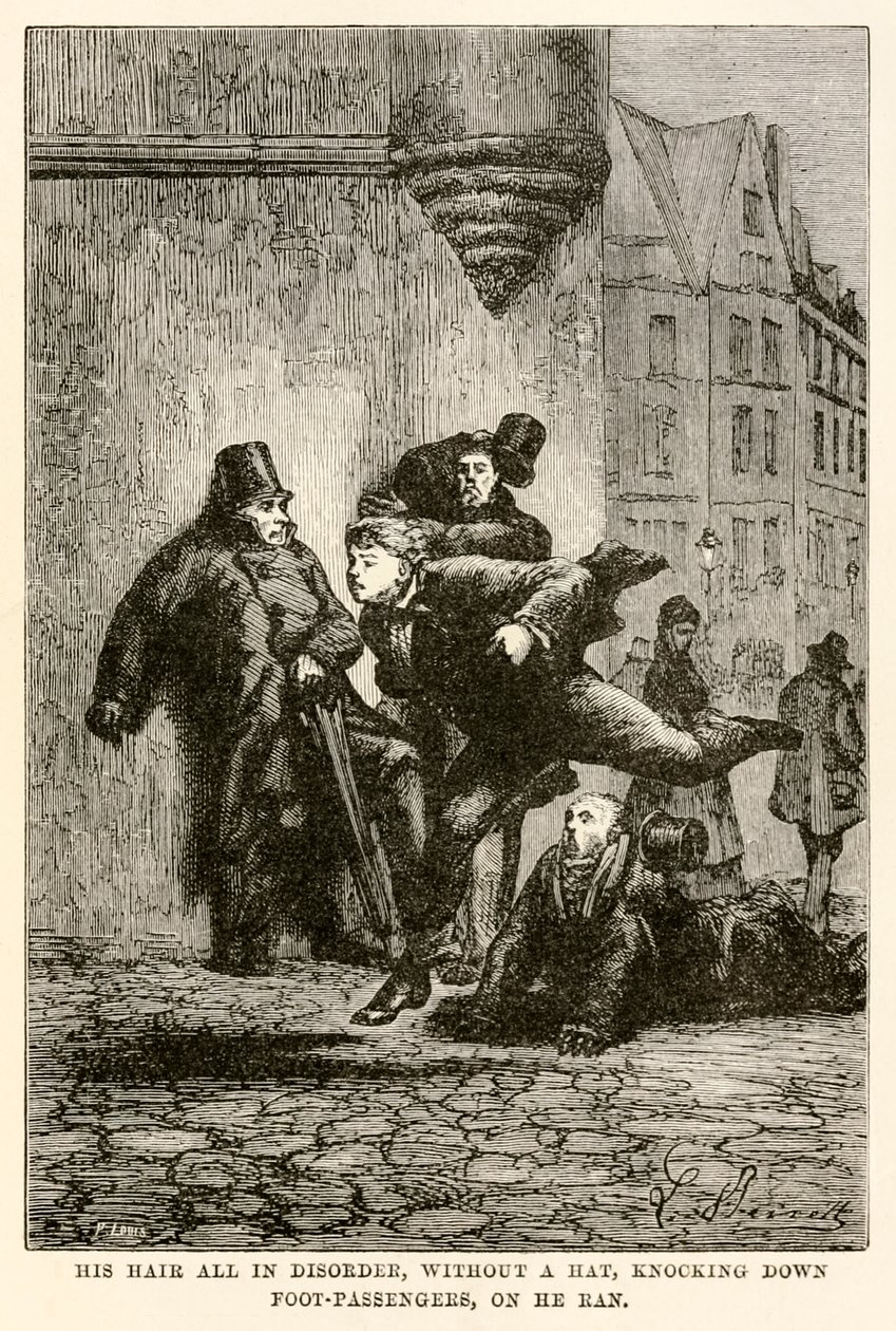 O seu cabelo todo em desordem, sem chapéu, derrubando os passantes, sobre ele correu, de "Volta ao mundo em oitenta dias" de Jules Verne (1828-1905) gravado por Louis de Hippolyte Leon (after) Benett