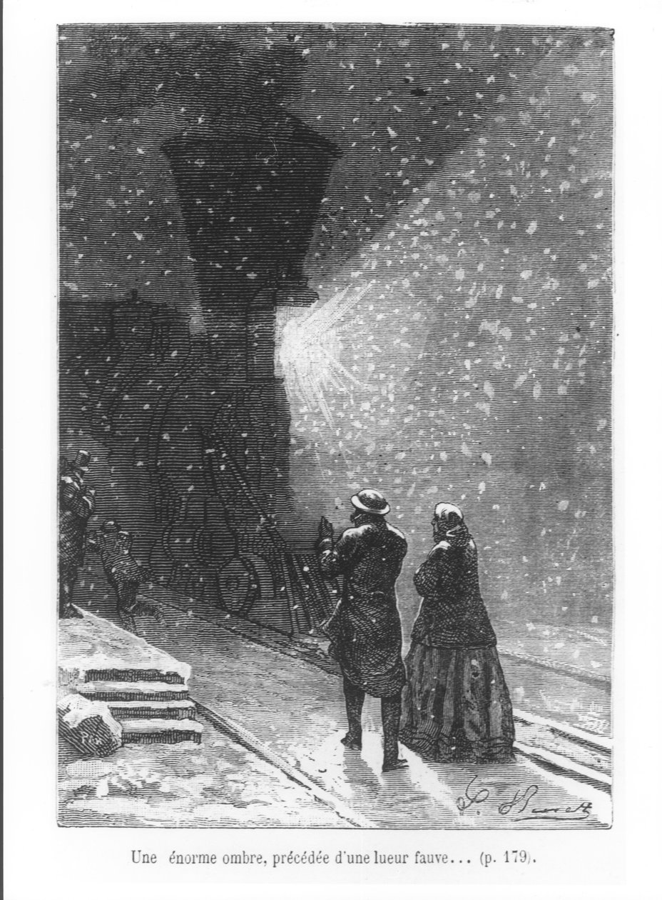 Uma enorme sombra, precedida por uma luz brilhante, ilustração de "Ao redor do mundo em oitenta dias" por Jules Verne (1828-1905) gravada por Pan, 1873 de Hippolyte Leon Benett