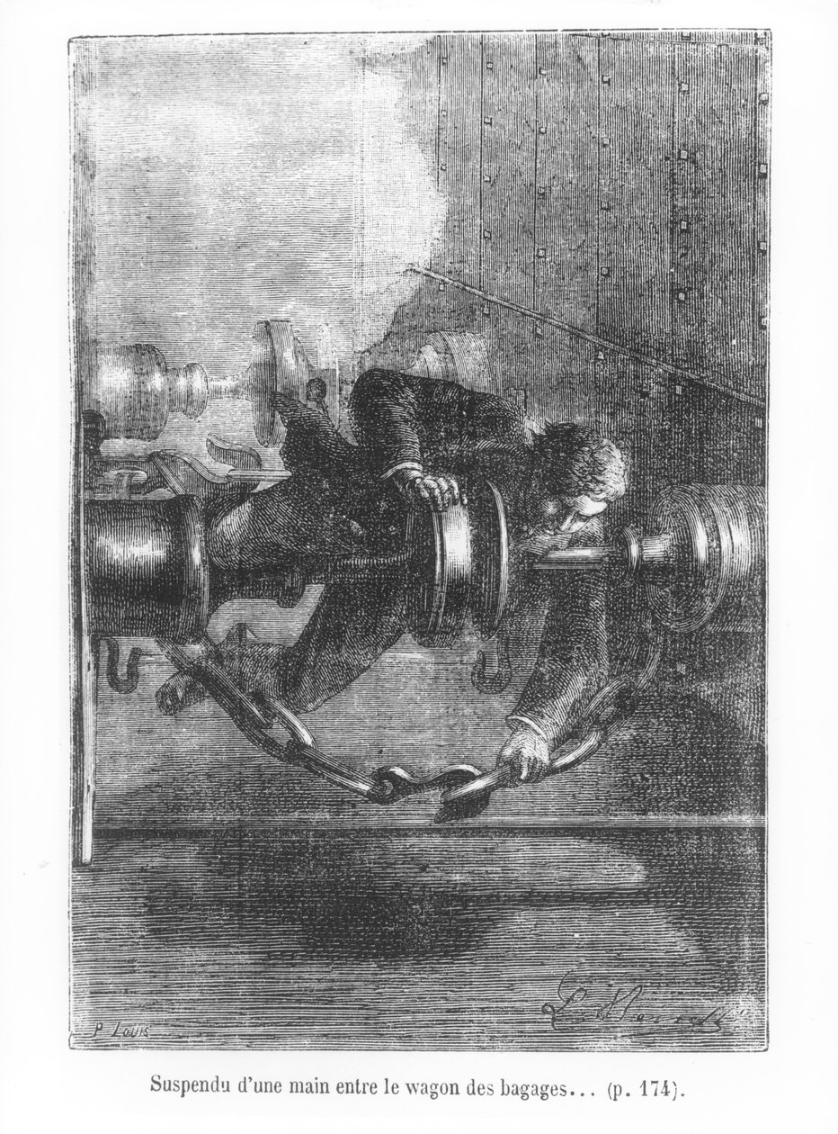 Pendurado por uma mão entre o carro de bagagem, ilustração de "Ao redor do mundo em oitenta dias" por Jules Verne (1828-1905) gravado por P. Louis, 1873 de Hippolyte Leon Benett