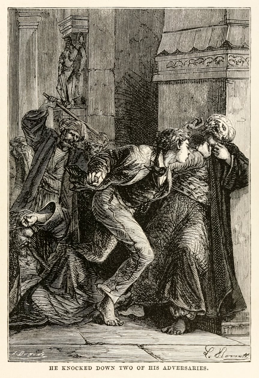 Derrubou dois de seus adversários, de Volta ao Mundo em Oitenta Dias, de Jules Verne (1828-1905), gravados por Louis Dumont (n.1822), 1873 de Hippolyte Leon Benett