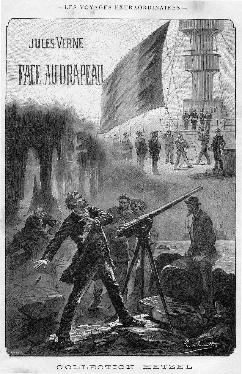 Ilustração do livro "Face au drapeau" de Jules Verne, edição frontispício Hetzel - Les voyages extraordinaire 1896 (gravura) de Hippolyte Leon Benett
