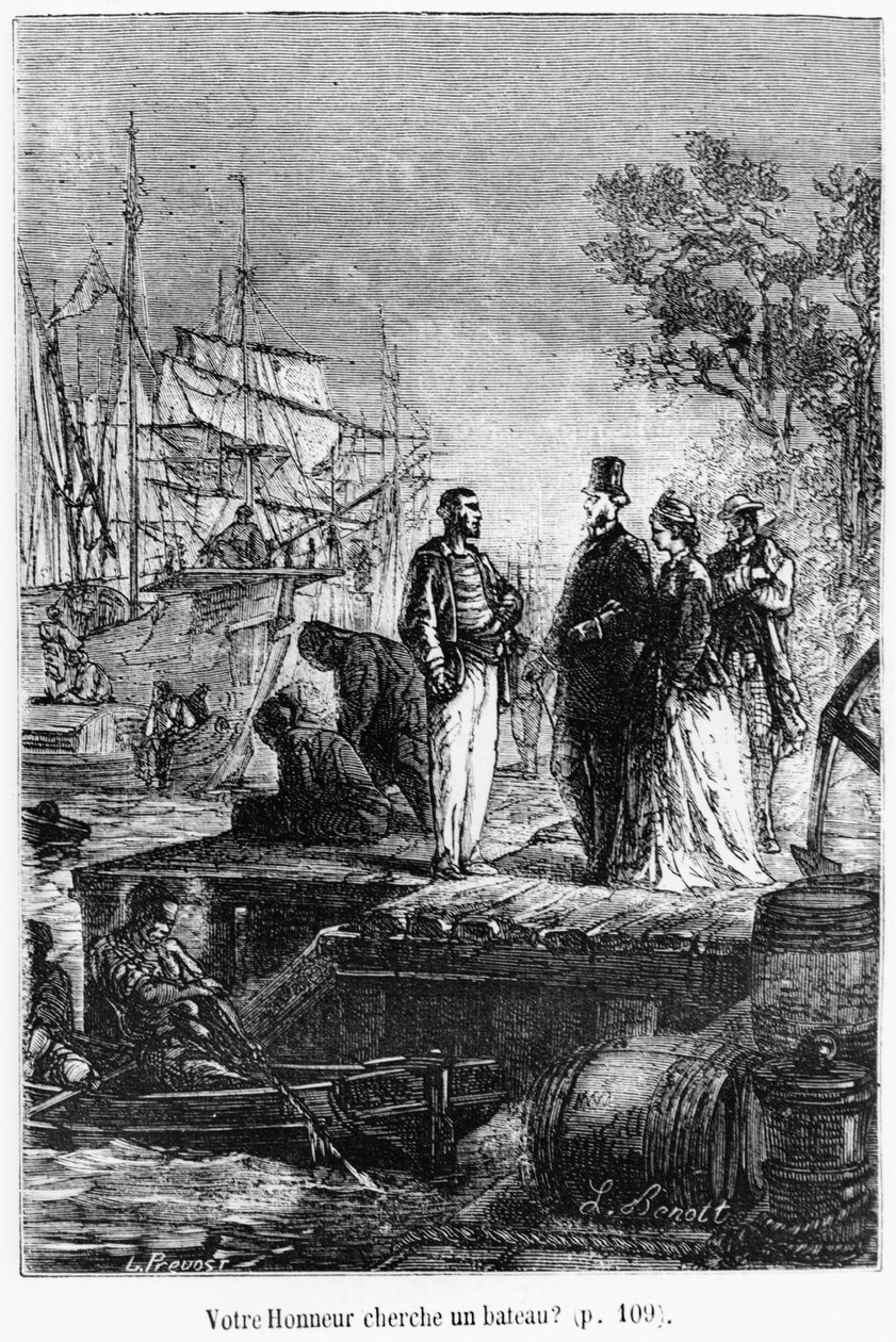 É sua honra à procura de um barco, ilustração de "Around the World in Oitenta Dias" por Jules Verne (1828-1905) final do século 19 de Hippolyte Leon Benett