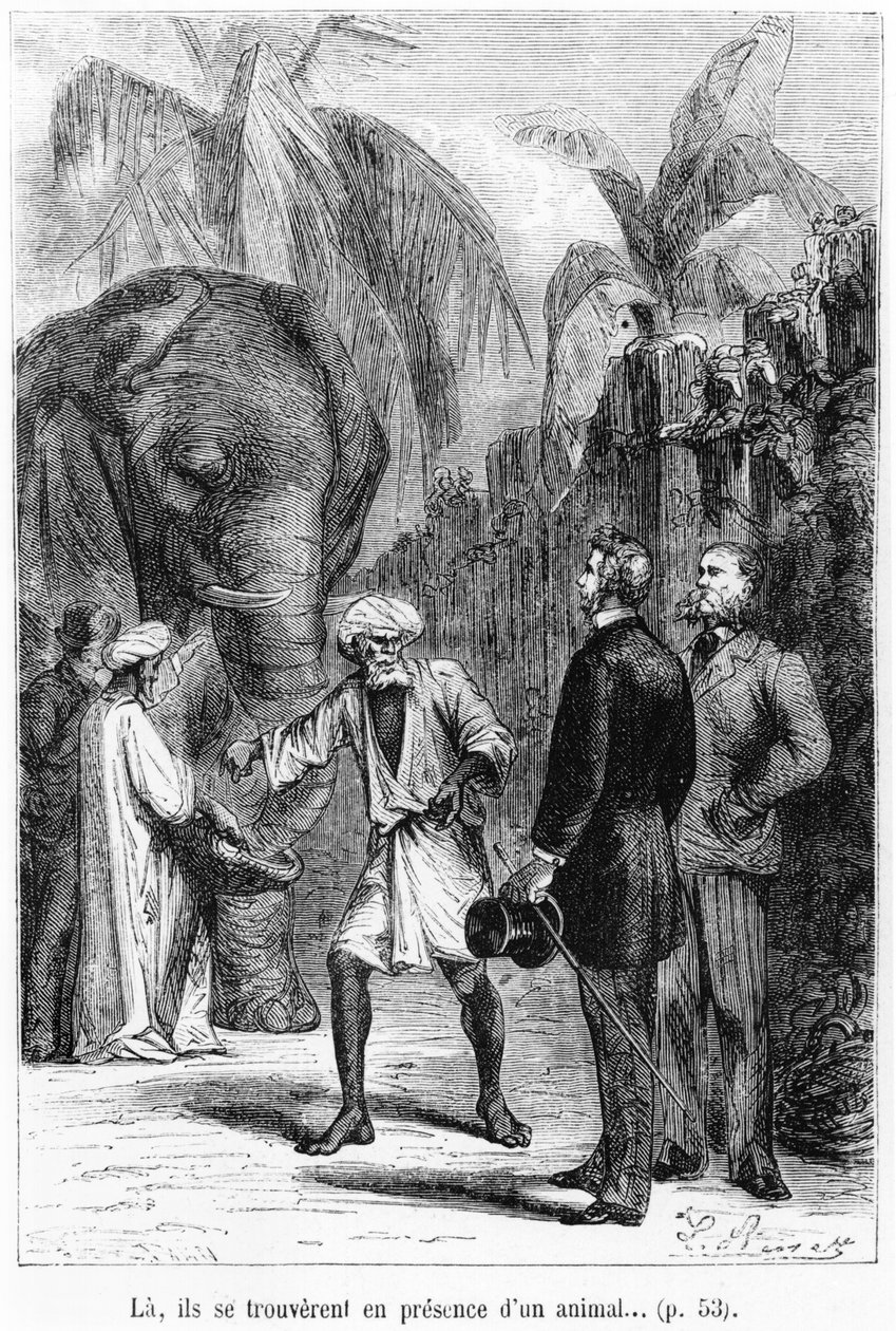 Phileas Fogg na frente de um elefante, ilustração de "Around the World in Oitenta Dias" por Jules Verne (1828-1905) final do século XIX de Hippolyte Leon Benett
