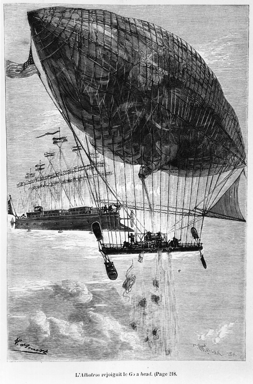 O albatroz e o sinal verde, ilustração de &39;Robur le Conquerant&39; de Jules Verne (1828-1905) Paris, Hetzel, 1886 de Hippolyte Leon Benett